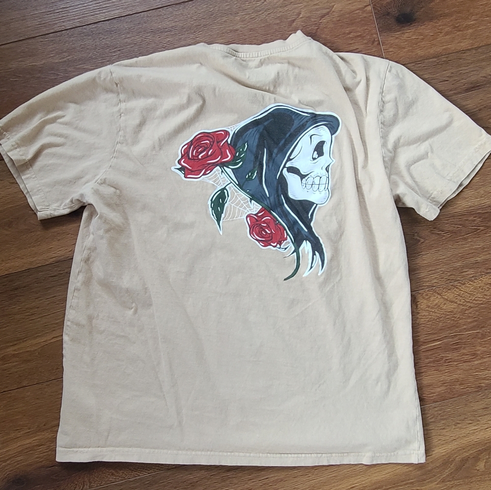 TACO TUESDAY Embroidered Red Rose Grim Reaper Graphic Art SS T-Shirt LARGE Tan
